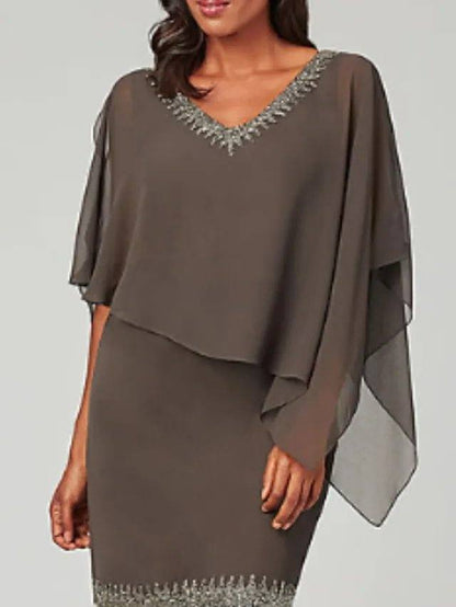 Sheath / Column Mother of the Bride Dress Plus Size Jewel Neck Short / Mini Chiffon 3/4 Length Sleeve with Beading Ruffles Tier - RongMoon