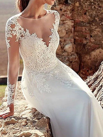A-Line Wedding Dresses Bateau Neck Sweep / Brush Train Tulle Long Sleeve Formal Illusion Sleeve with Lace Insert - RongMoon