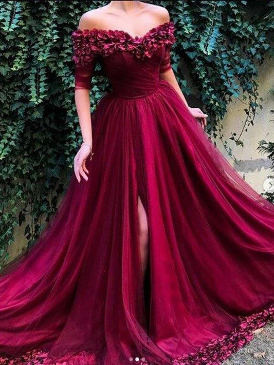A-Line/Princess 1/2 Sleeves Off-the-Shoulder Sweep/Brush Train Ruffles Tulle Dresses - RongMoon
