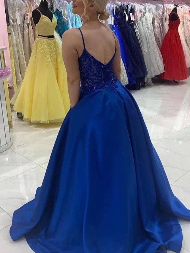 A-Line Sexy Engagement Prom Dress V Neck Sleeveless Sweep / Brush Train Satin with Sleek - RongMoon