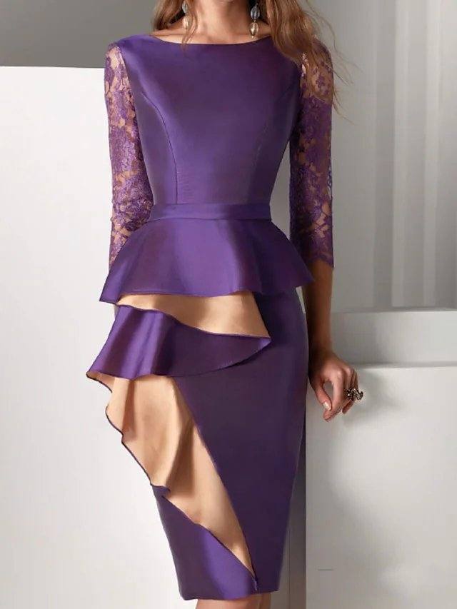 Sheath / Column Mother of the Bride Dress Elegant Jewel Neck Knee Length Lace Satin Long Sleeve with Ruffles - RongMoon