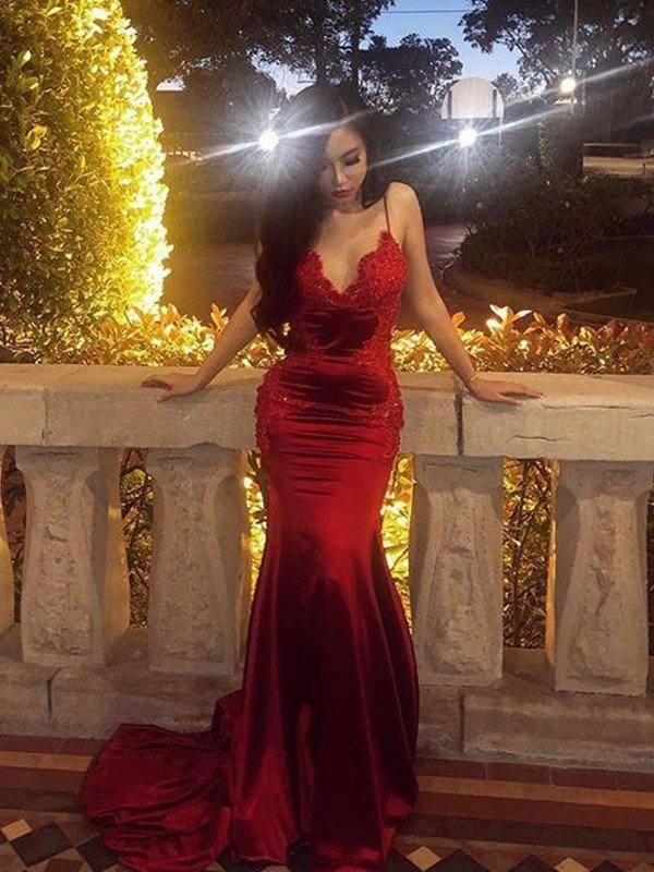 Sheath/Column Sleeveless Spaghetti Straps Sweep/Brush Train Applique Silk like Satin Dresses - RongMoon