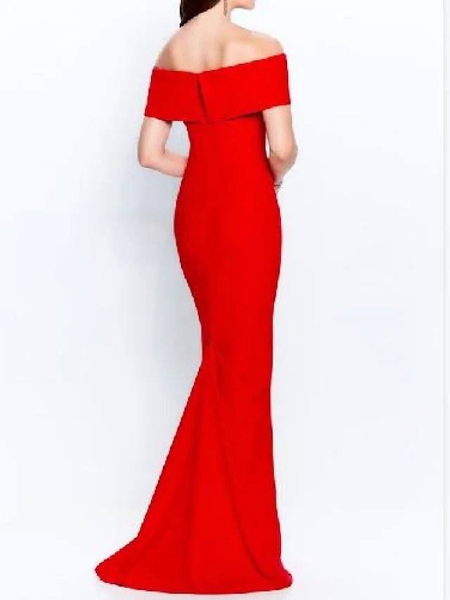 Mermaid / Trumpet Mother of the Bride Dress Elegant Off Shoulder Sweep / Brush Train Stretch Fabric Short Sleeve with Ruching - RongMoon
