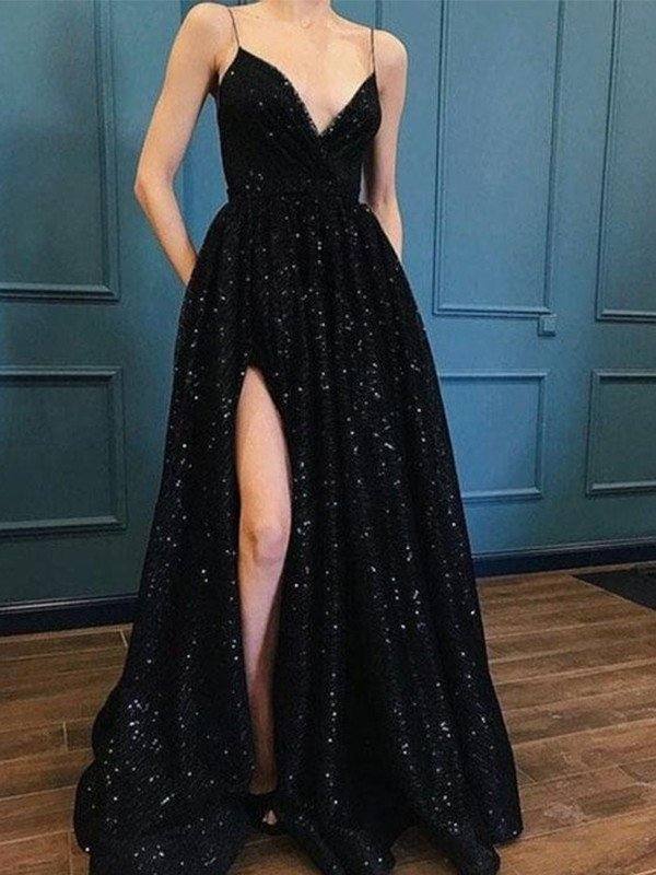 A-Line/Princess Spaghetti Straps V-neck Sweep/Brush Train Dresses - RongMoon