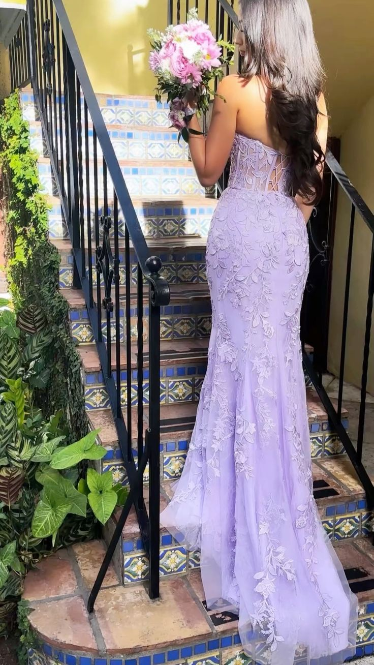 Lilac Strapless Tulle Lace Appliques Prom Dress Mermaid Party Evening Gown cc2319