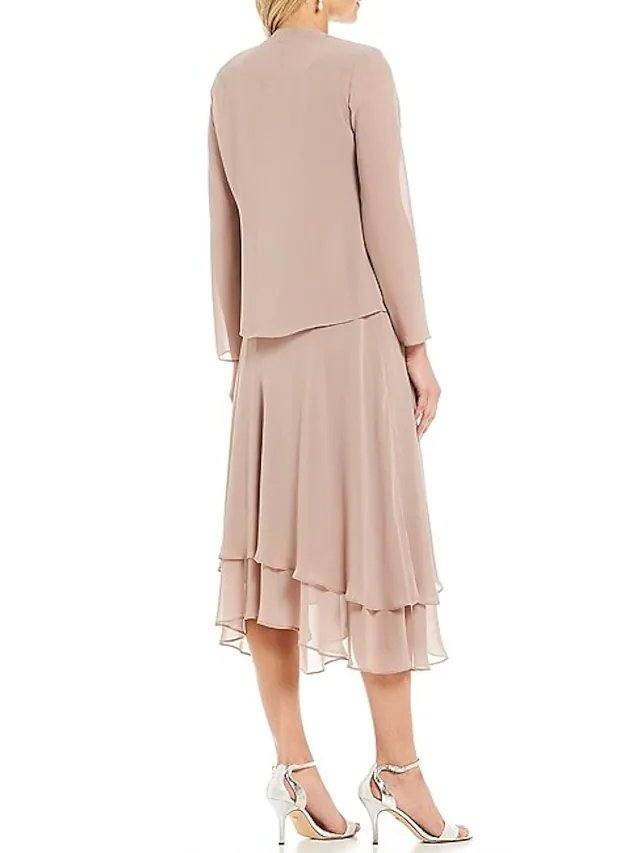 Two Piece A-Line Mother of the Bride Dress Elegant Jewel Neck Tea Length Chiffon Long Sleeve with Beading Cascading Ruffles - RongMoon