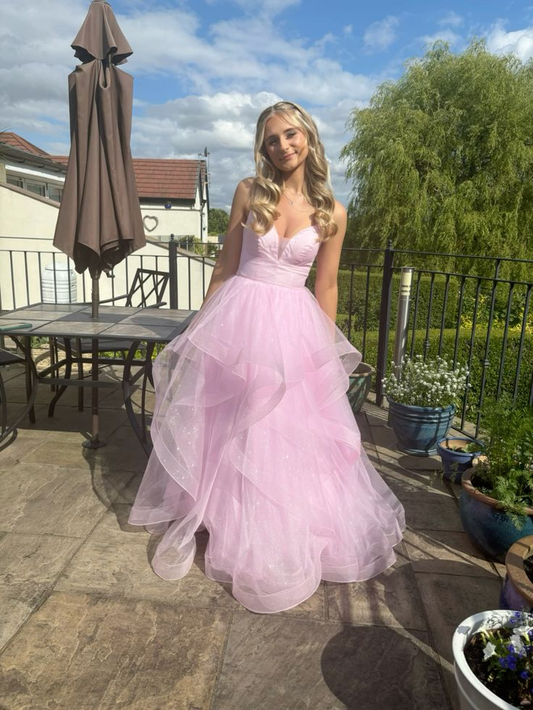 Shiny Pink Tulle Tiered A-line Prom Dress Straps Evening Gown