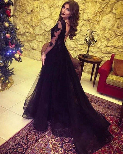 Tulle Formal Dresses Leg Slit Appliques Sleeves - RongMoon