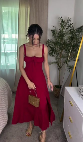 Elegant Burgundy Satin Slit Party Dress,A Line Slit Sleeveless Evening Dress cc2854
