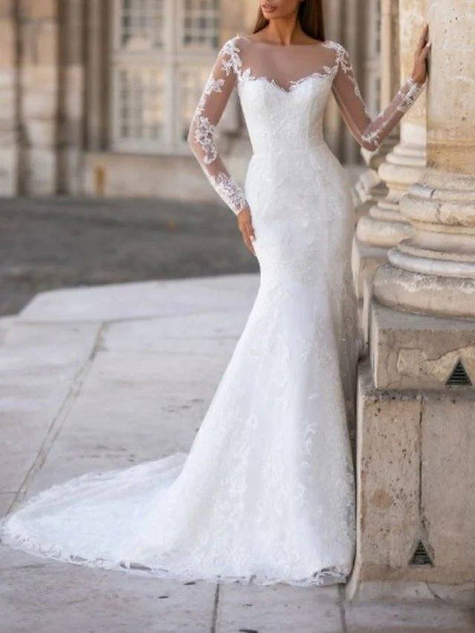 Mermaid / Trumpet Wedding Dresses Jewel Neck Court Train Lace Tulle Long Sleeve Formal with Appliques - RongMoon