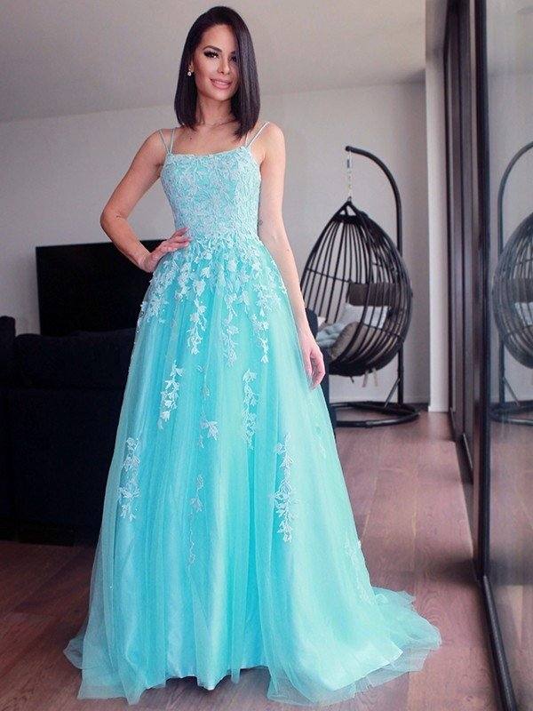 A-Line/Princess Spaghetti Straps Tulle Sleeveless Applique Sweep/Brush Train Dresses - RongMoon