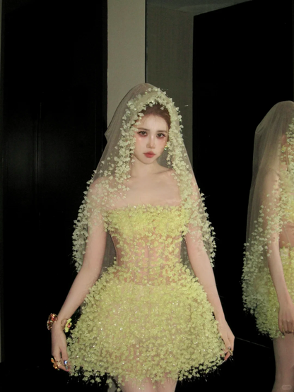 Fashion Yellow Sequined Strapless A-Line Veil Design Tulle Party Dress Homecoming Dress HZ1024
