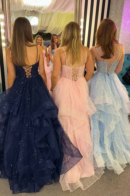 V Neck A Line Pink Ruffled Tulle Prom Dresses