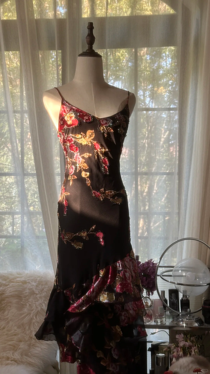 Vintage Black Spaghetti Strap Floral Design Romantic Chiffon Evening Dress Prom Dress HZ1024