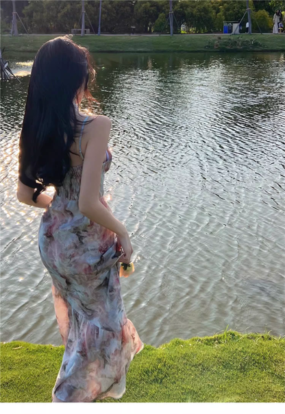 New Fashion Elegant Floral Design Mermaid Spaghetti Strap Dress HZ1024