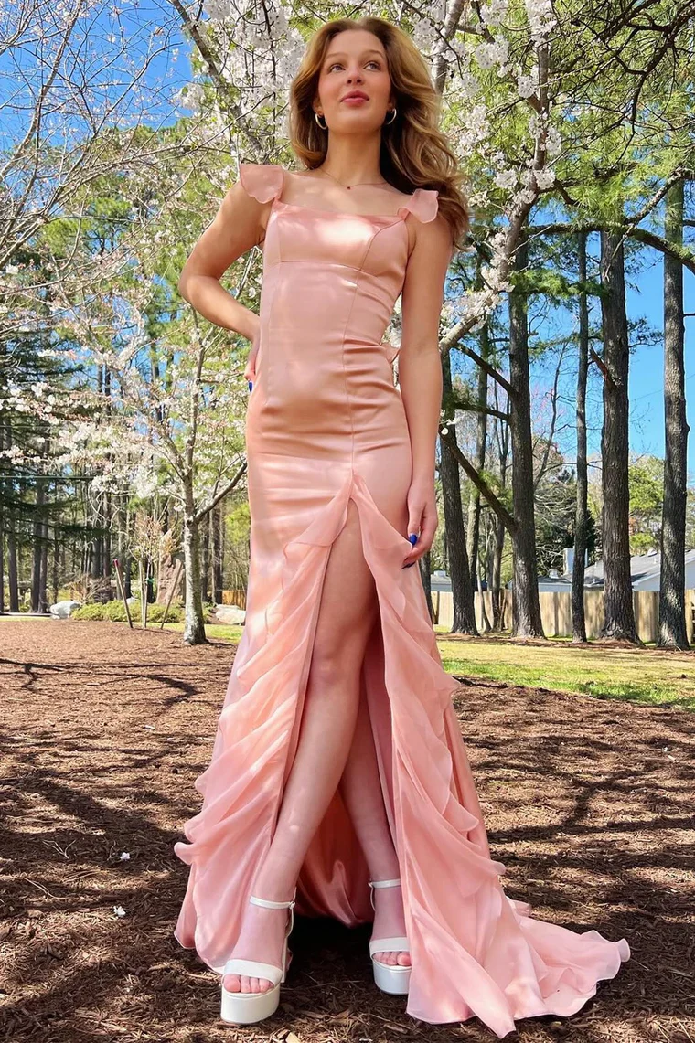 Green Mermaid Straps Scoop Pleated High Slit Long Prom Formal Dress