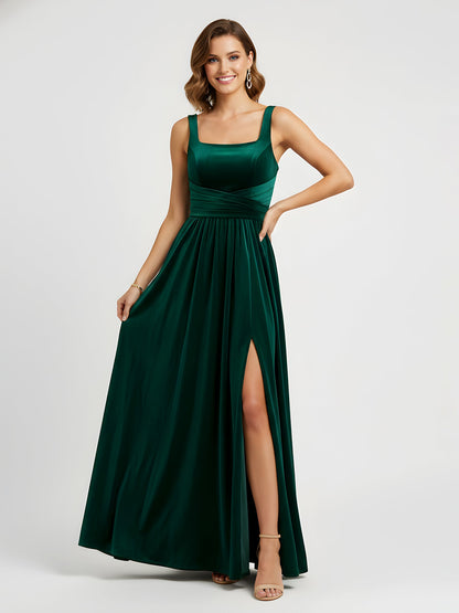 Wide Strap Velvet Pleated Waist Maxi Dress Dark Green