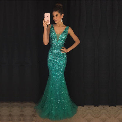Deep V Neck Long Mermaid Evening Dresses Crystal Beaded