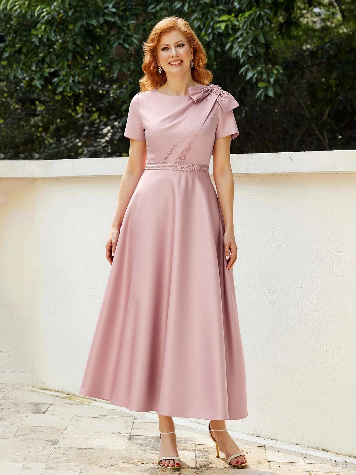 A-Line Short Sleeves Bowknot Beaded Dress With Pockets Dusty Rose