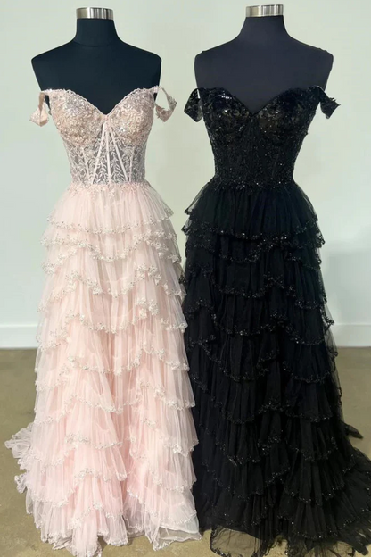 Stunning Off-Shoulder Sweetheart A-Line Layered Prom Dress with Slit