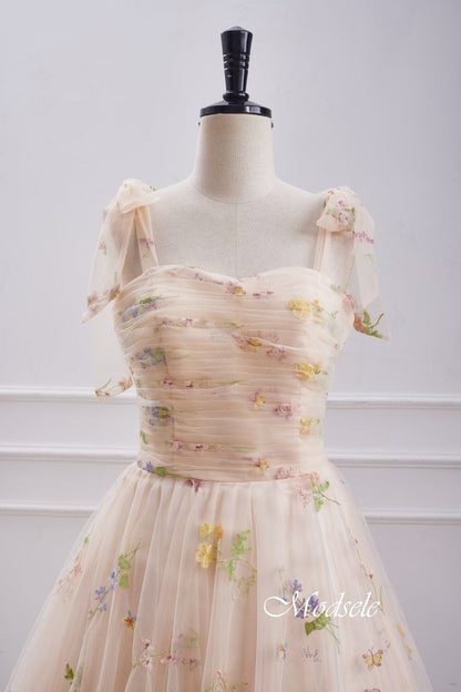 Bow Tie Straps Champagne Embroidery Tulle Homecoming Dress