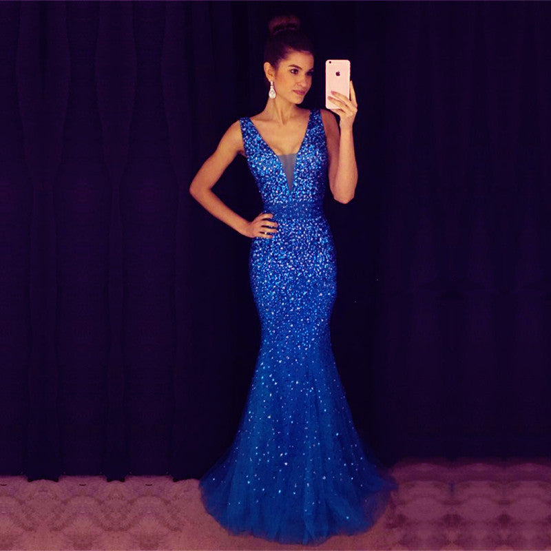 Deep V Neck Long Mermaid Evening Dresses Crystal Beaded