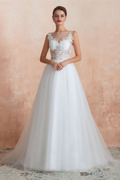 A-Line Bateau Appliqués Wedding Dress with Sheer Back