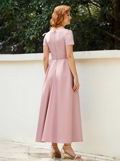 A-Line Short Sleeves Bowknot Beaded Dress With Pockets Dusty Rose