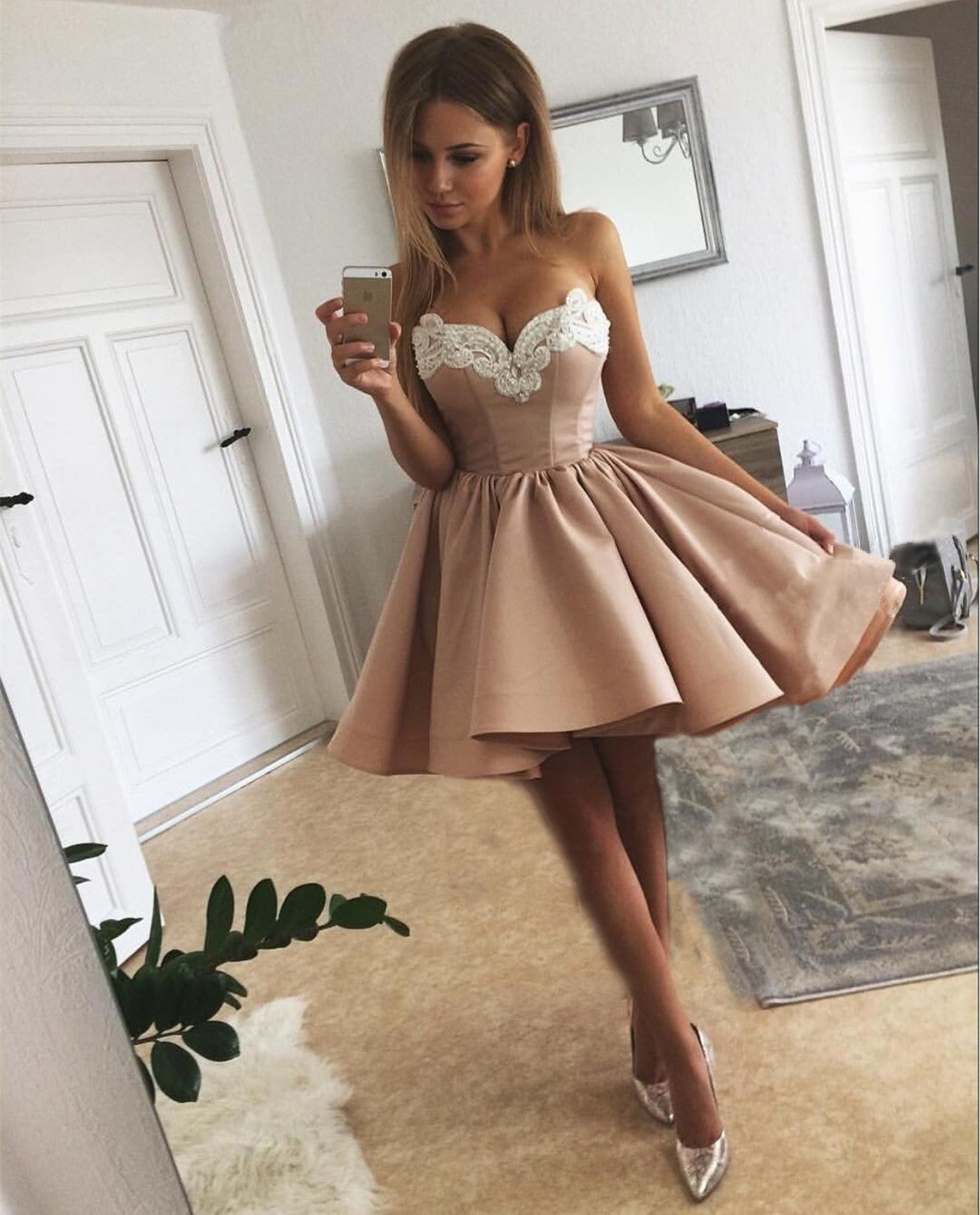 Pearl Embroidery Sweetheart Nude Pink Satin Homecoming Dresses
