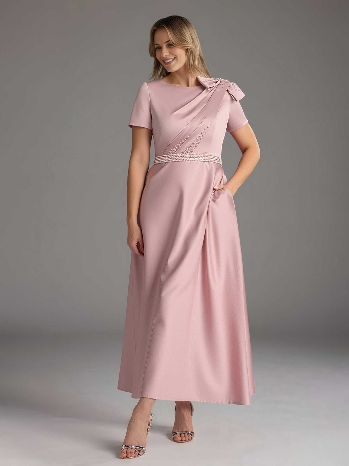 A-Line Short Sleeves Bowknot Beaded Dress With Pockets Dusty Rose