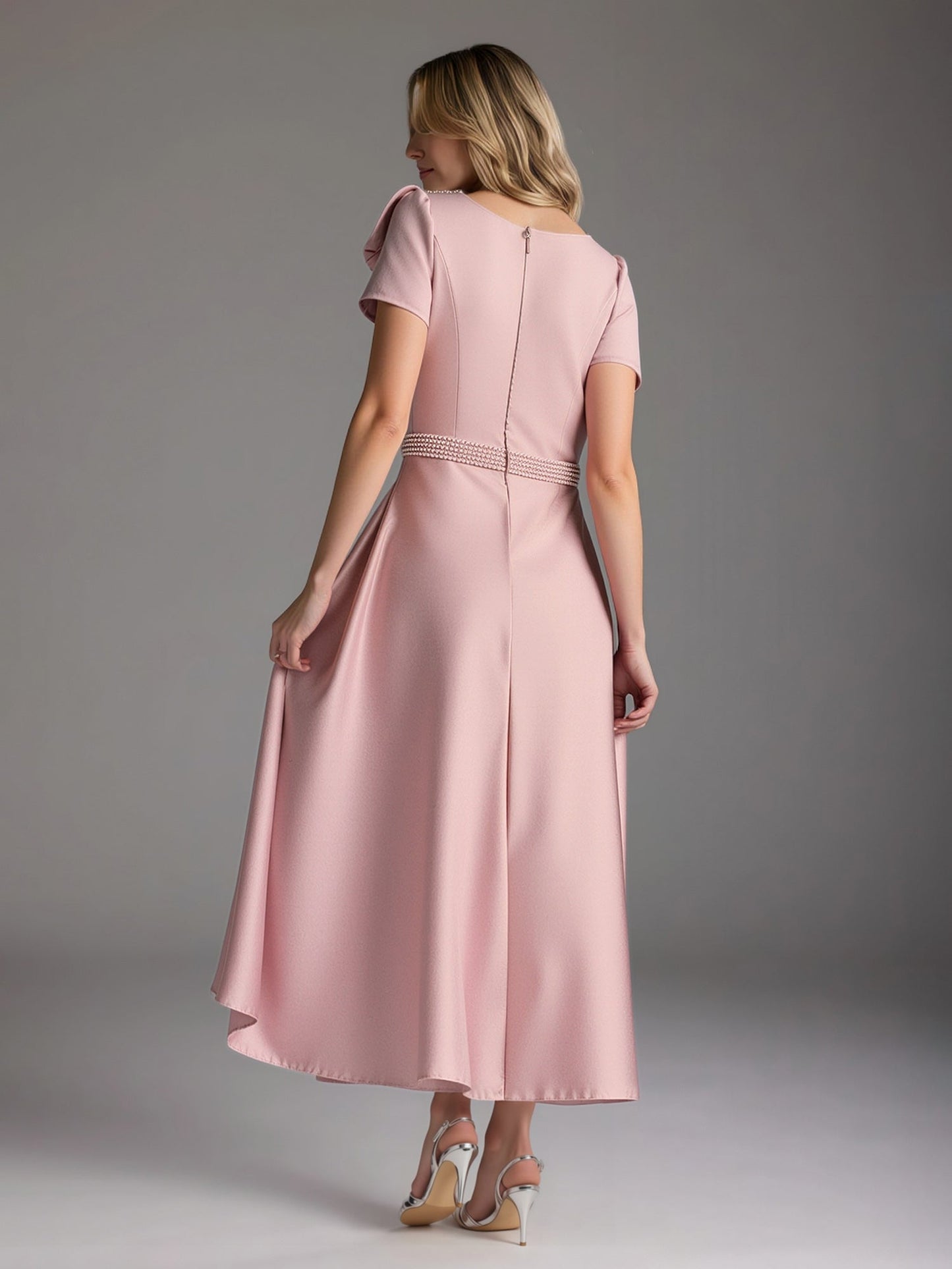 A-Line Short Sleeves Bowknot Beaded Dress With Pockets Dusty Rose