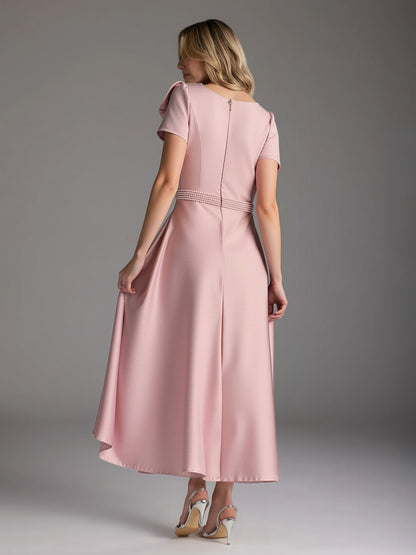 A-Line Short Sleeves Bowknot Beaded Dress With Pockets Dusty Rose