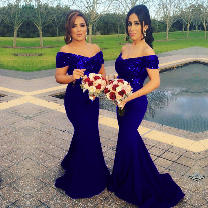 Glitter Sequin V-neck Off The Shoulder Satin Mermaid Bridesmaid Dresses