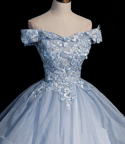 Blue tulle lace long ball gown dress formal dresses  10475