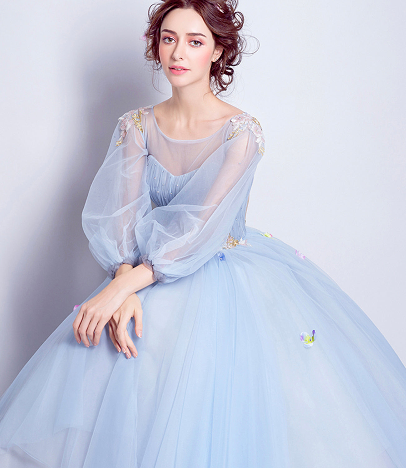 Blue tulle sequins long ball gown dress blue evening dress  10360