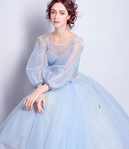 Blue tulle sequins long ball gown dress blue evening dress  10360