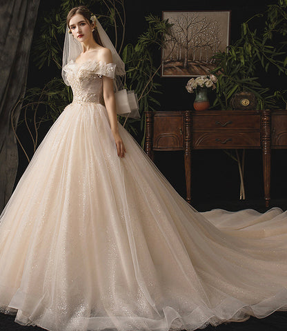 Champagne tulle sequins long ball gown dress formal dress  10249
