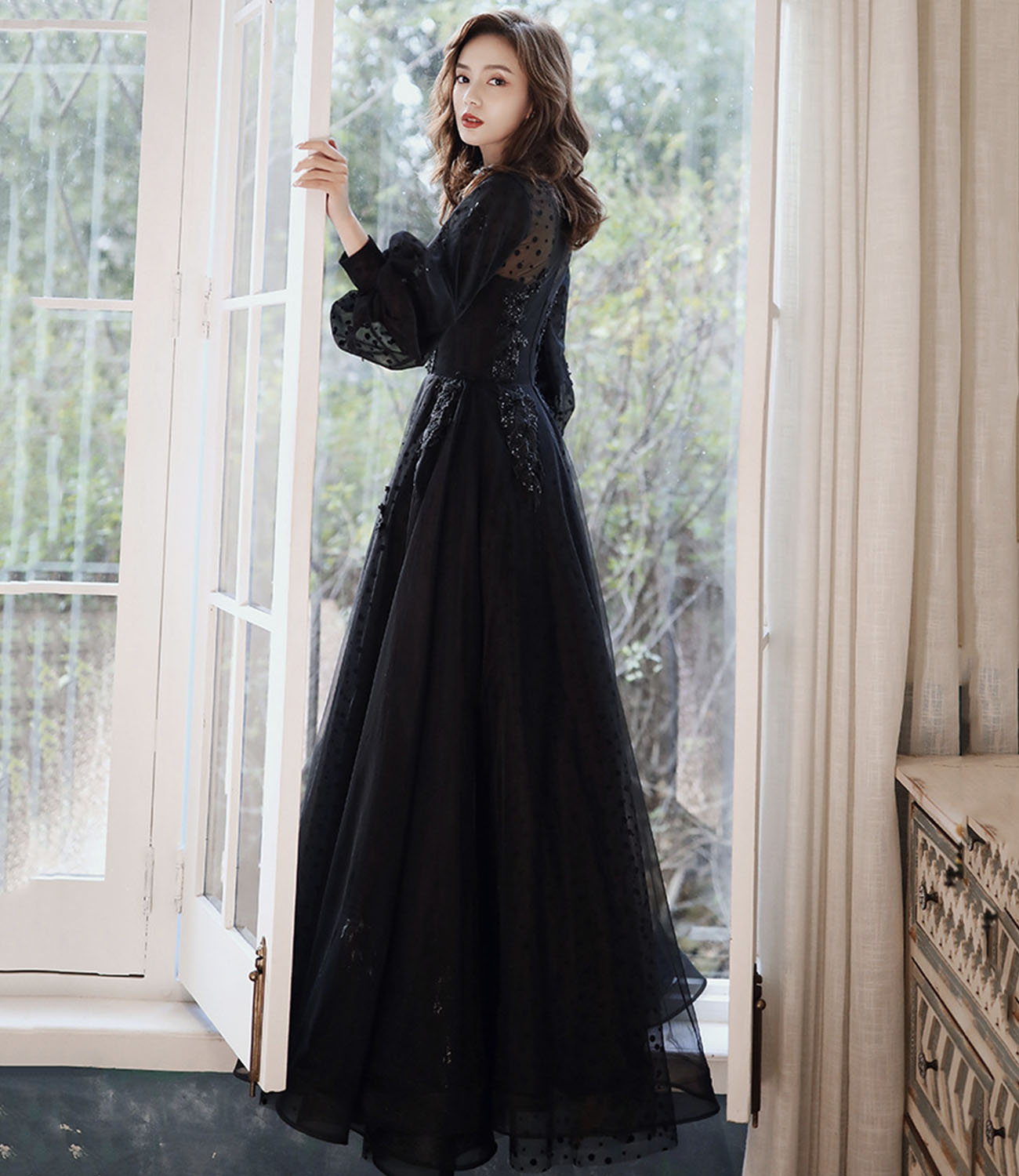 Black lace long prom dress A line evening gown  10277