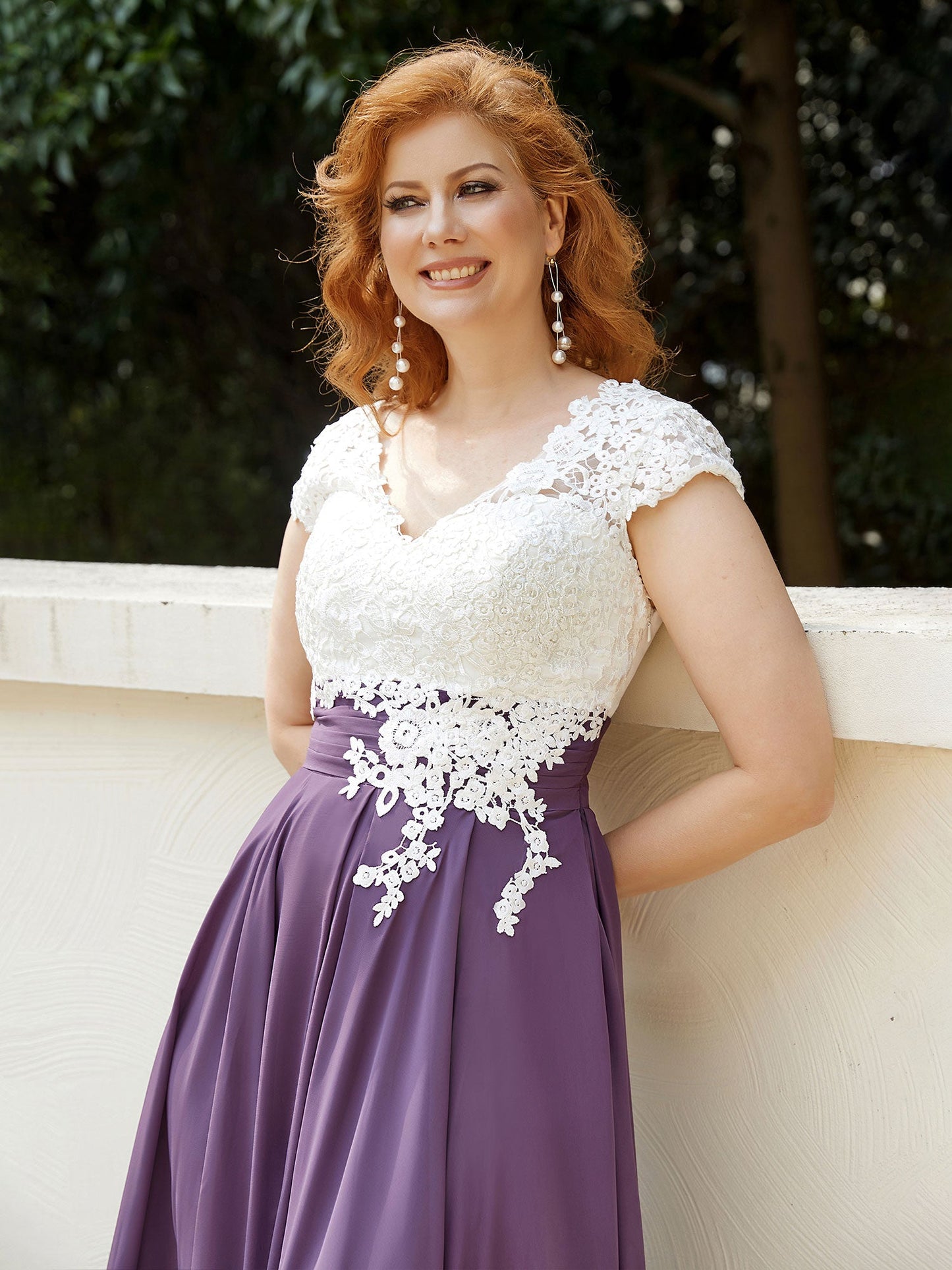 V Neck Chiffon Dress with Ivory Appliqued Bodice Grape