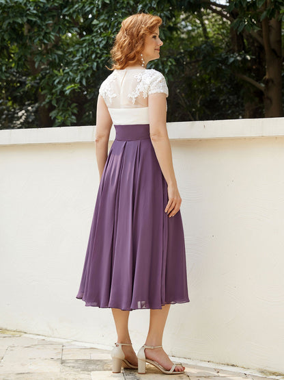 V Neck Chiffon Dress with Ivory Appliqued Bodice Grape