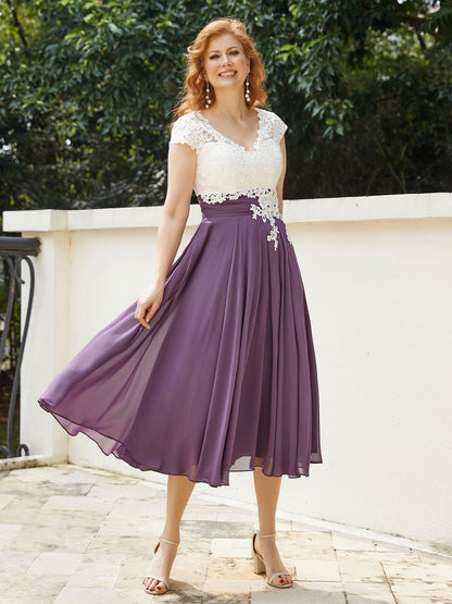 V Neck Chiffon Dress with Ivory Appliqued Bodice Grape