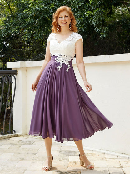 V Neck Chiffon Dress with Ivory Appliqued Bodice Grape