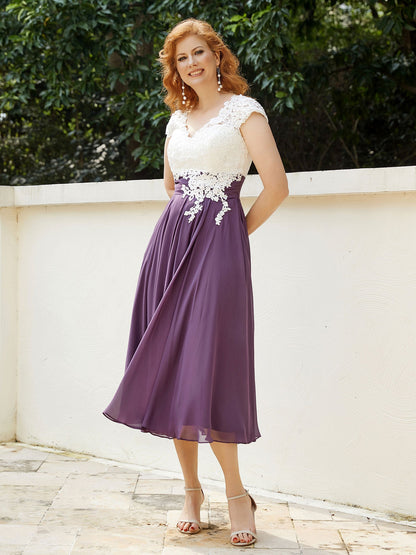 V Neck Chiffon Dress with Ivory Appliqued Bodice Grape