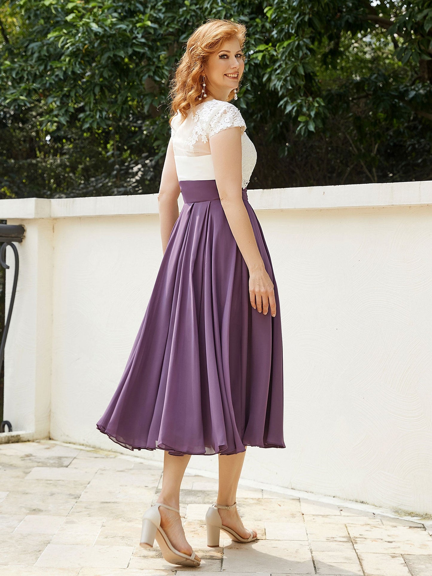 V Neck Chiffon Dress with Ivory Appliqued Bodice Grape