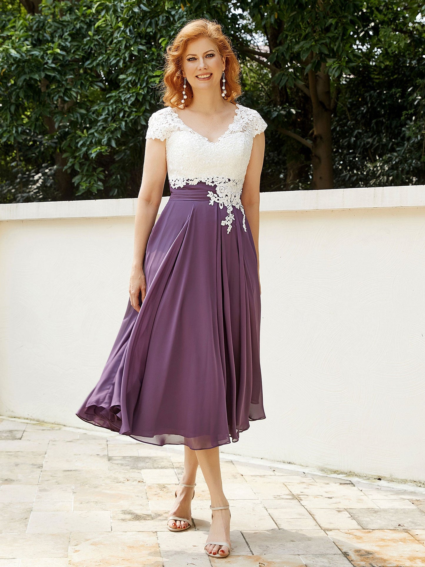 V Neck Chiffon Dress with Ivory Appliqued Bodice Grape
