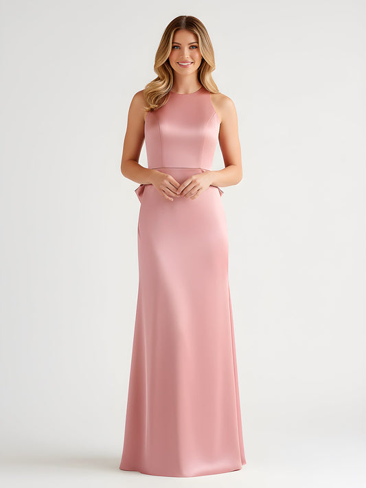 Sleeveless Satin Gown with Oversized Back Bow Dusty Rose