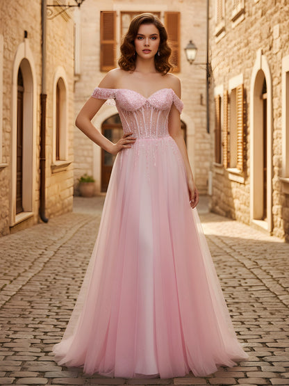 Off-the-shoulder Sequins A-Line Tulle Dress Blushing Pink