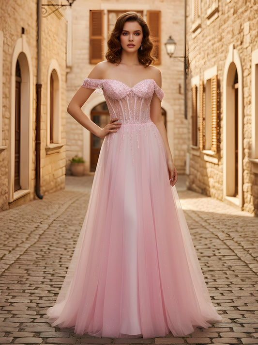 Off-the-shoulder Sequins A-Line Tulle Dress Blushing Pink