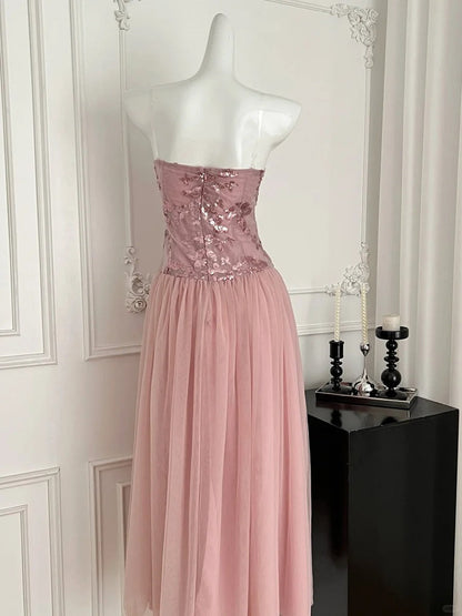 Elegant Pink A-line Tube Top Sequined Tulle Long Prom Dress Evening Dress Bridesmaid Dress cc5271