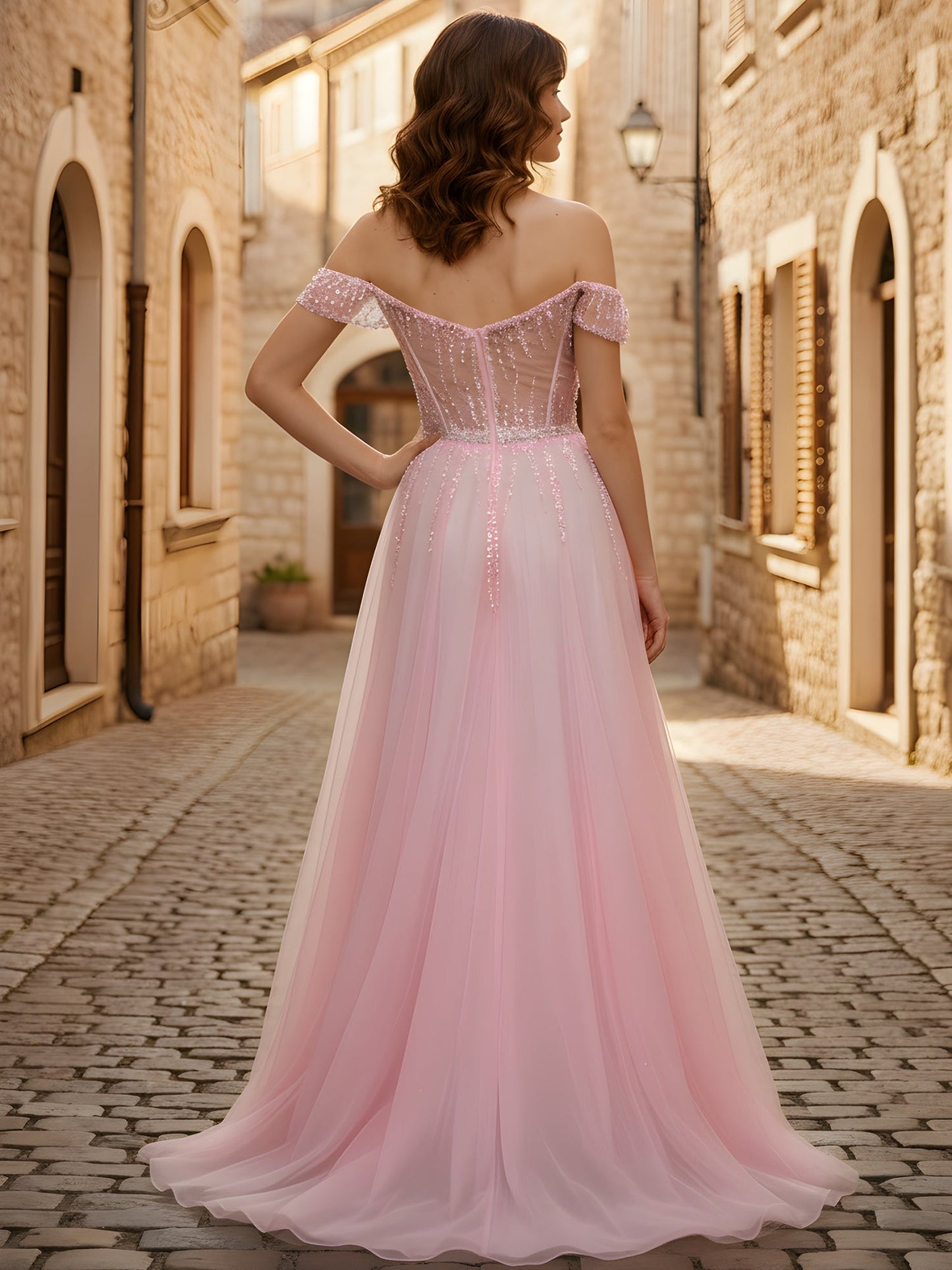 Off-the-shoulder Sequins A-Line Tulle Dress Blushing Pink